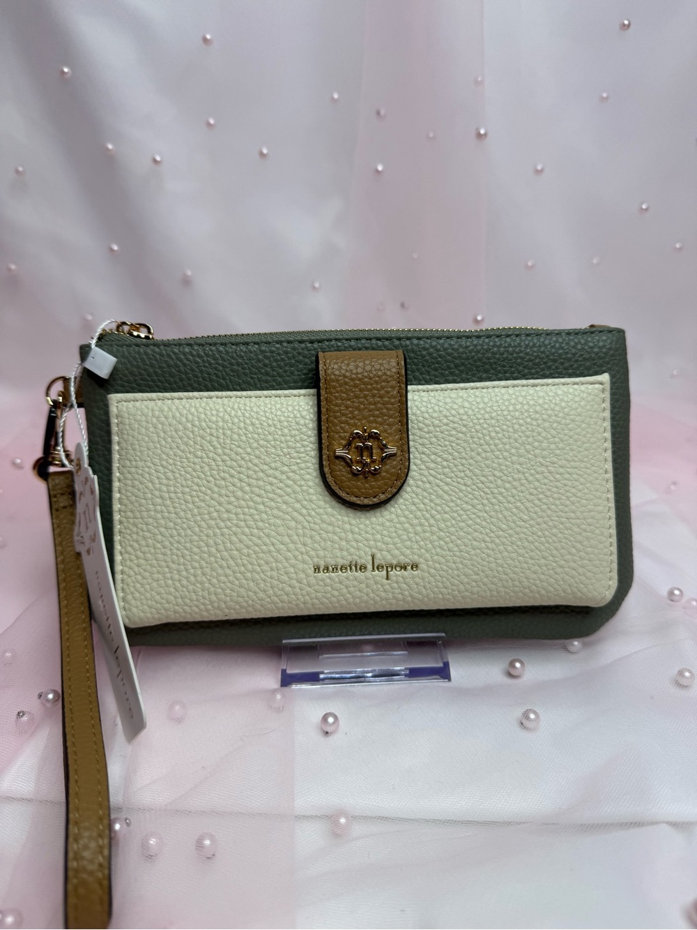 Nanette Lepore Green & Cream Wristlet Wallet with Tan Accent